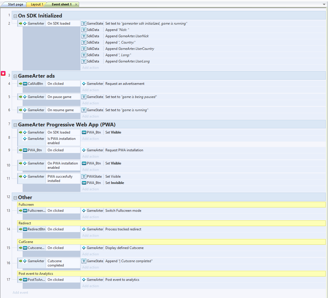 gamearter sdk for Construct -Full event sheet